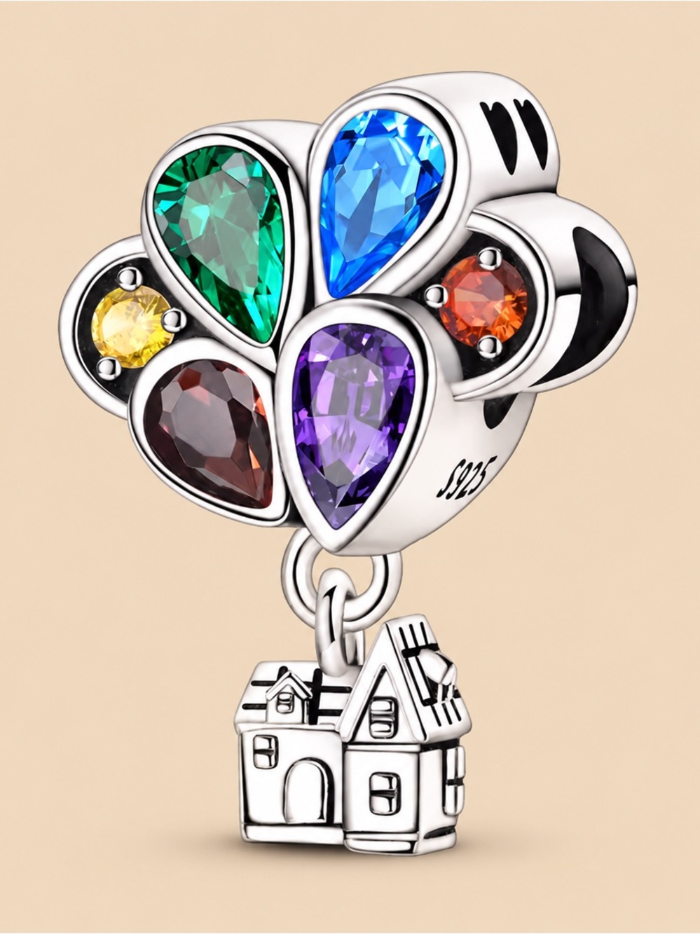 Sterling Silver Rainbow Gem Heart Charm with House Dangle - Multicolor